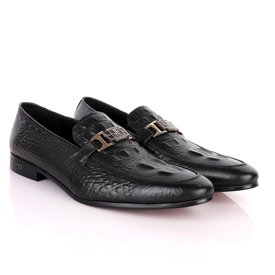 John Foster Chain Head Croc Black Leather Formal Shoe - Obeezi