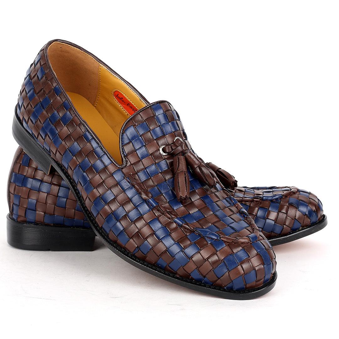 John Foster Classic Mat Patterned Coffee And Blue Leather Shoe - Obeezi.com