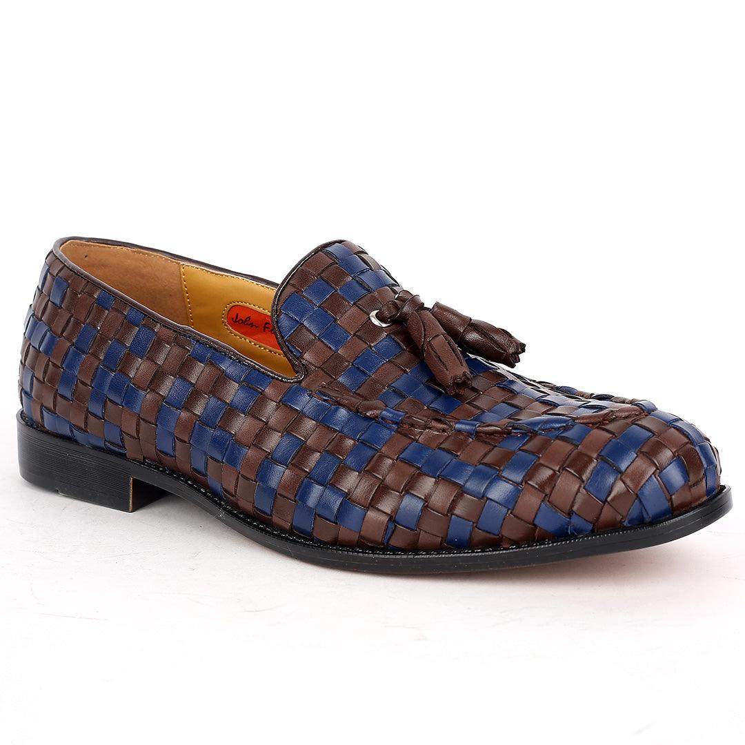 John Foster Classic Mat Patterned Coffee And Blue Leather Shoe - Obeezi.com