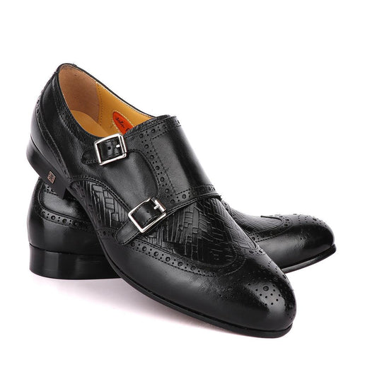 John Foster Classic Monk Double Strap Black Leather Shoe - Obeezi