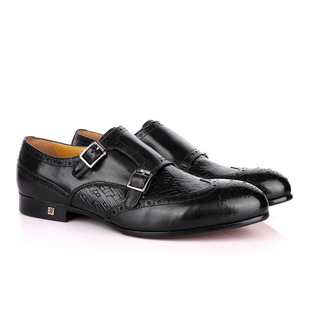 John Foster Classic Monk Double Strap Black Leather Shoe - Obeezi