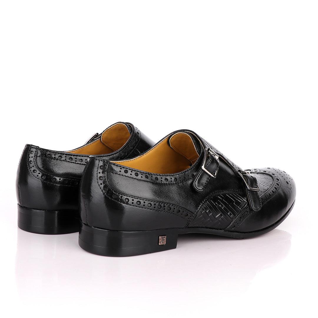 John Foster Classic Monk Double Strap Black Leather Shoe - Obeezi