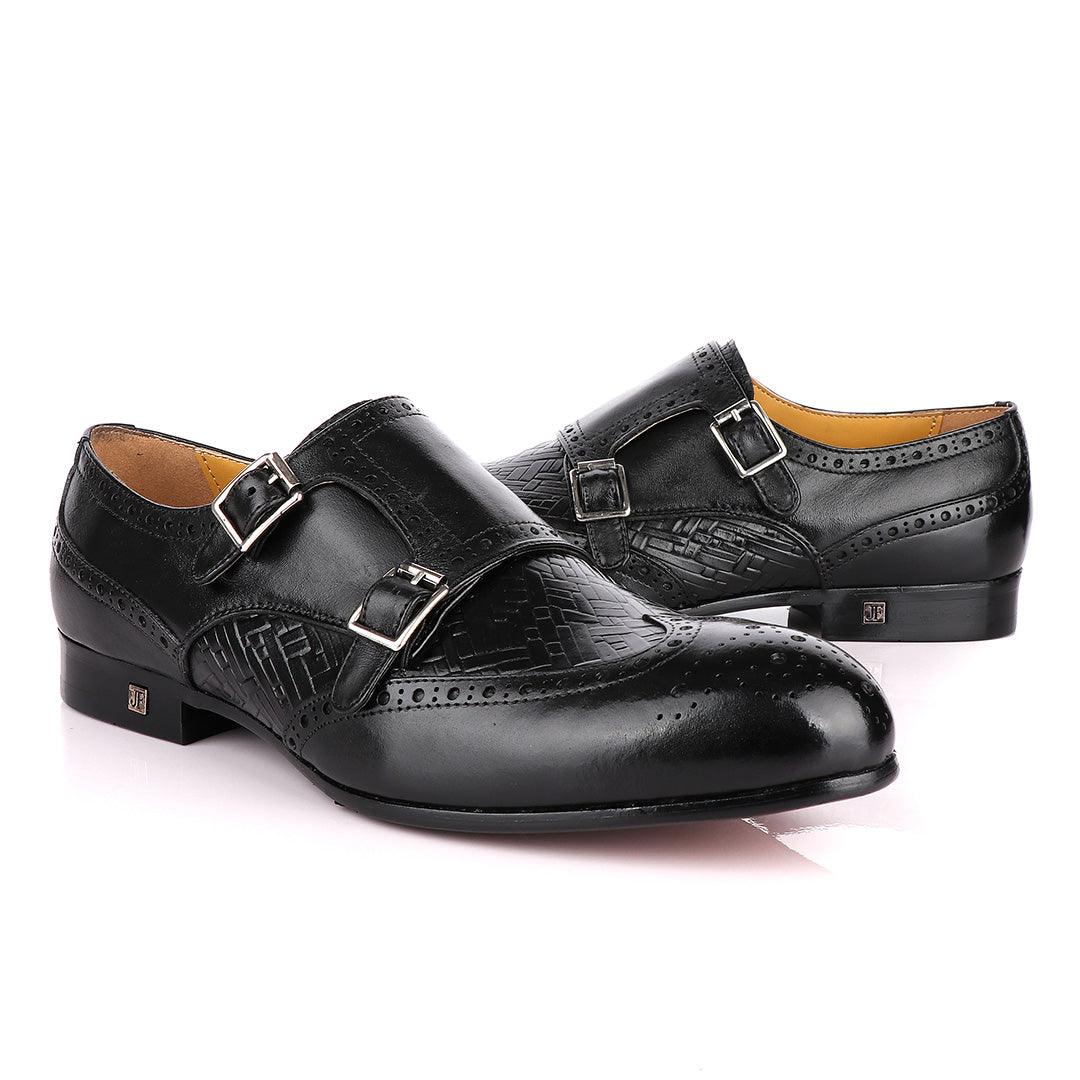 John Foster Classic Monk Double Strap Black Leather Shoe - Obeezi