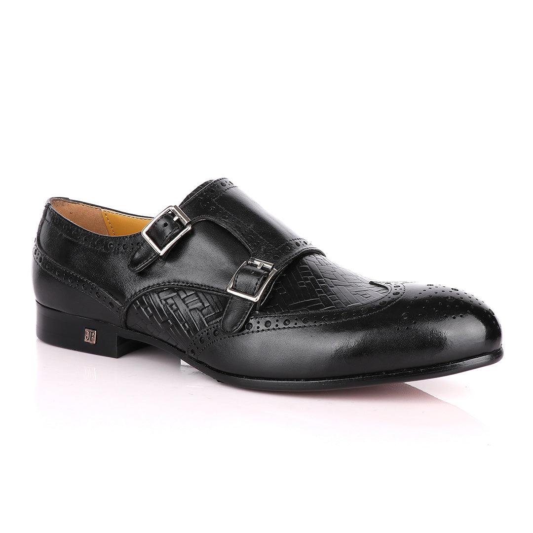 John Foster Classic Monk Double Strap Black Leather Shoe - Obeezi