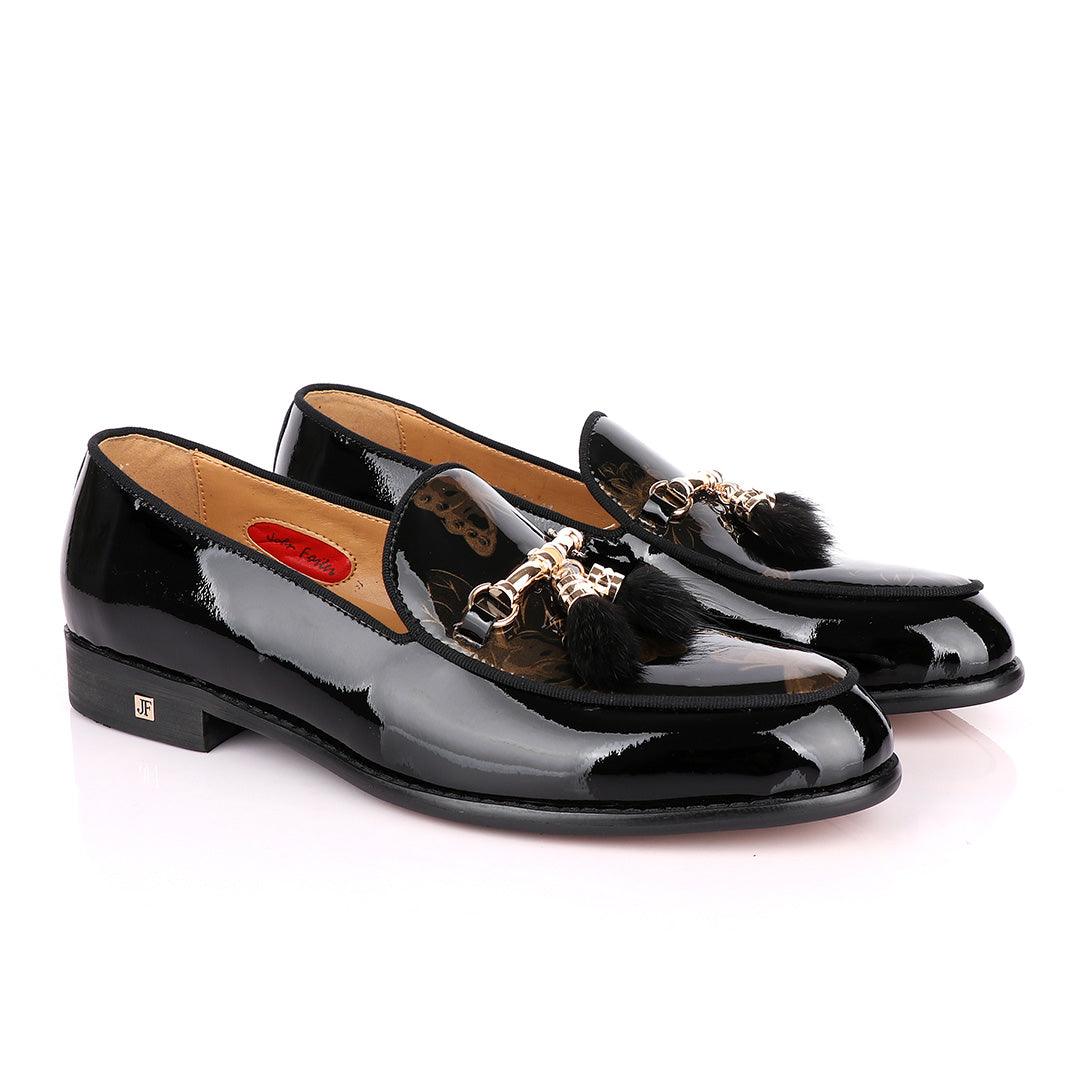 John Foster Classic wetlips Tassels Gold Chain Black Loafers Shoe - Obeezi
