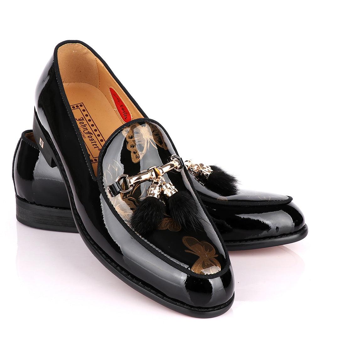 John Foster Classic wetlips Tassels Gold Chain Black Loafers Shoe - Obeezi