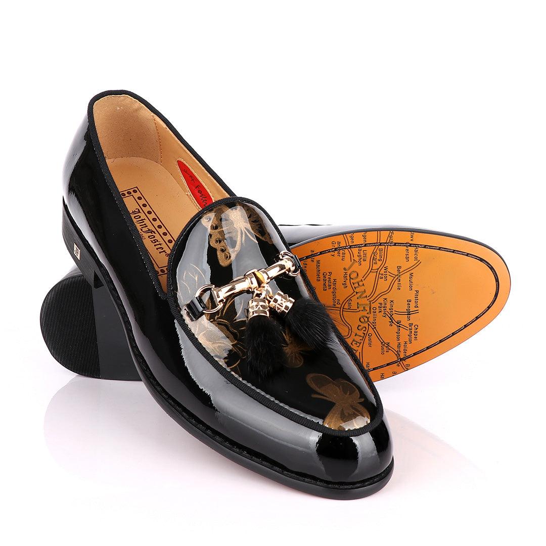 John Foster Classic wetlips Tassels Gold Chain Black Loafers Shoe - Obeezi