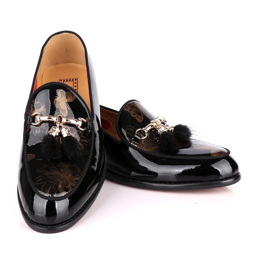John Foster Classic wetlips Tassels Gold Chain Black Loafers Shoe - Obeezi