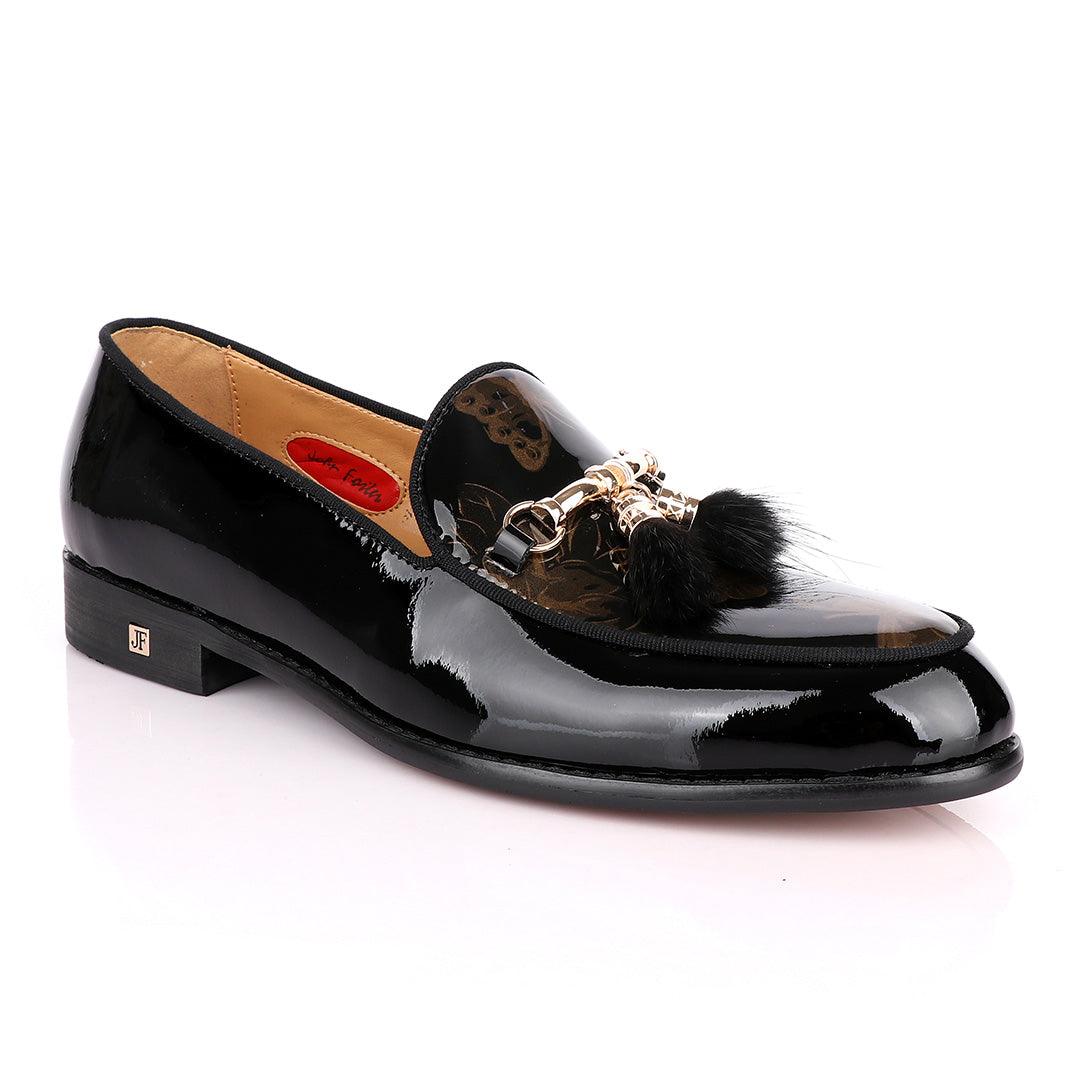 John Foster Classic wetlips Tassels Gold Chain Black Loafers Shoe - Obeezi