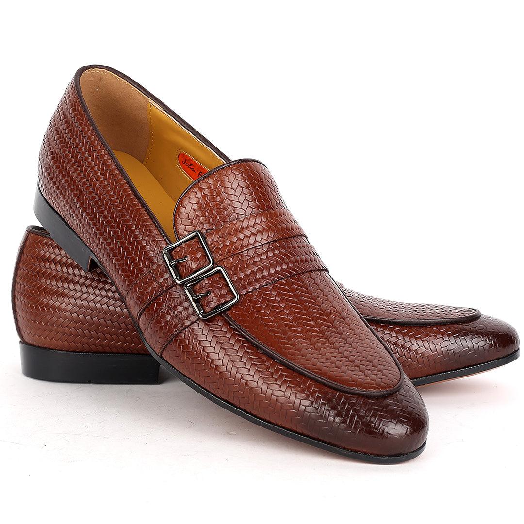 John Foster Classic Woven Brown Leather Shoe With Double Belt Design - Obeezi.com