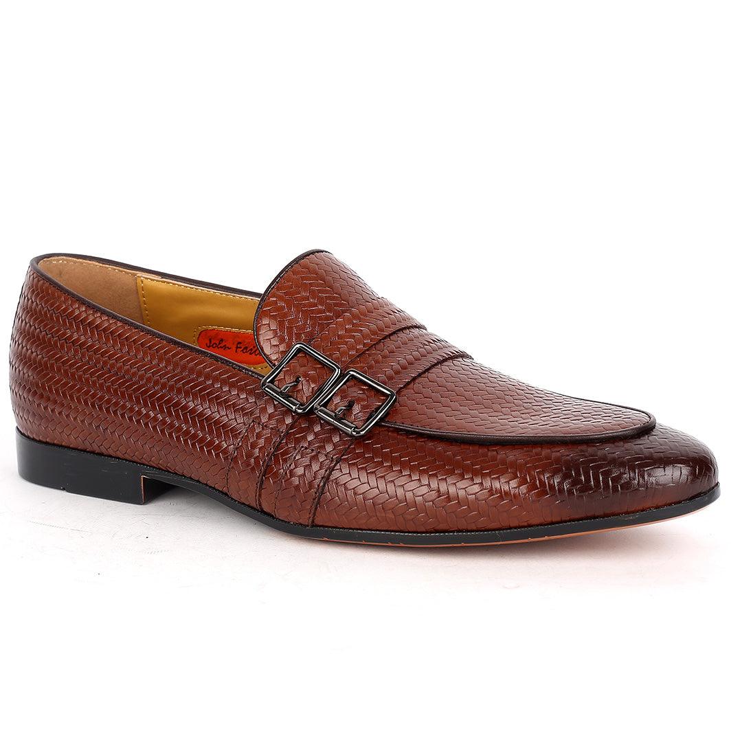John Foster Classic Woven Brown Leather Shoe With Double Belt Design - Obeezi.com