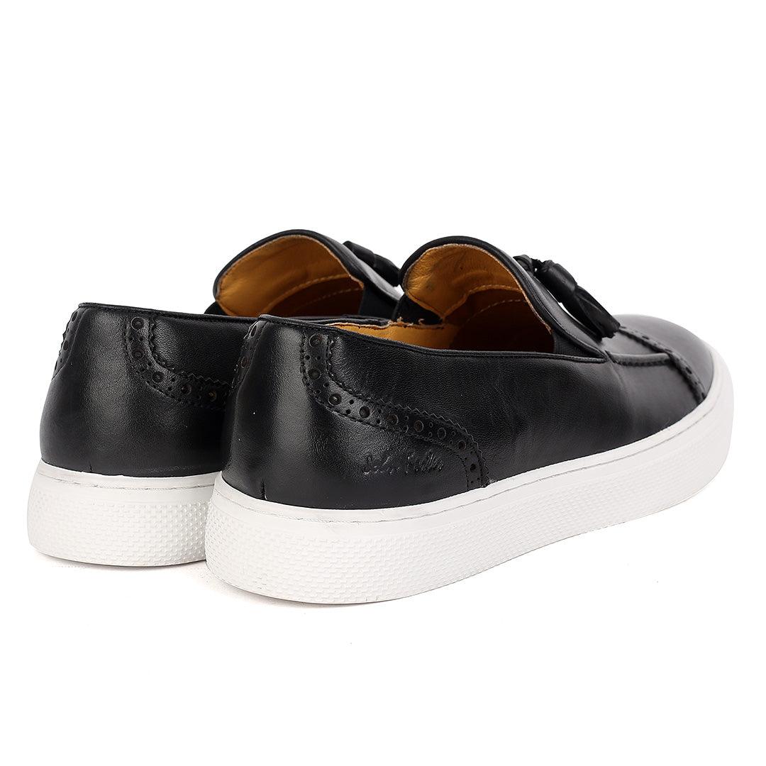 John Foster Classy Men's Black Loafers Shoe With Textile Design And White Sole - Obeezi.com