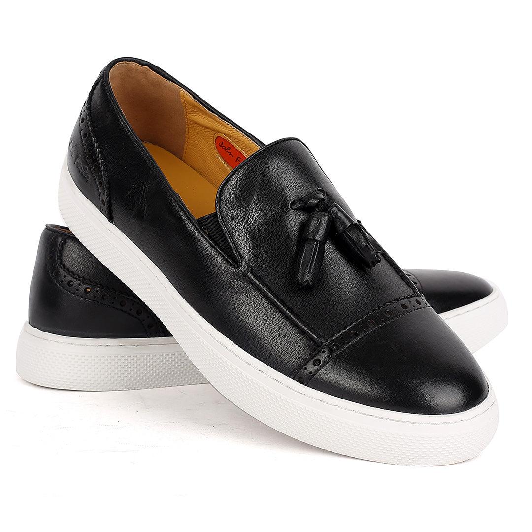 John Foster Classy Men's Black Loafers Shoe With Textile Design And White Sole - Obeezi.com