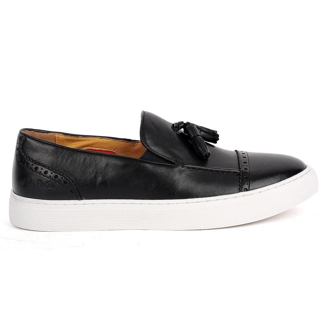 John Foster Classy Men's Black Loafers Shoe With Textile Design And White Sole - Obeezi.com