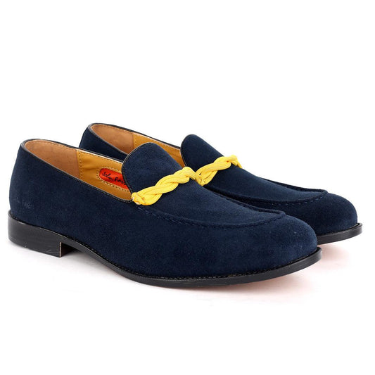 John Foster Classy Navy-Blue Suede Shoe With Yellow Twisted Rope Design - Obeezi.com
