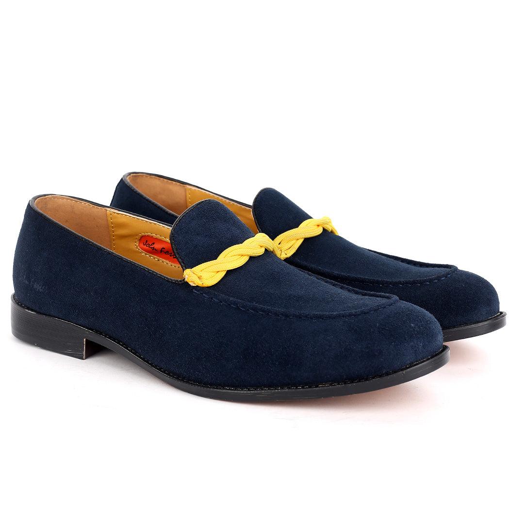 John Foster Classy Navy-Blue Suede Shoe With Yellow Twisted Rope Design - Obeezi.com