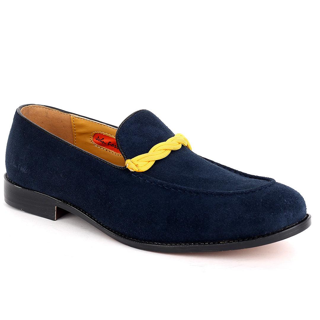 John Foster Classy Navy-Blue Suede Shoe With Yellow Twisted Rope Design - Obeezi.com