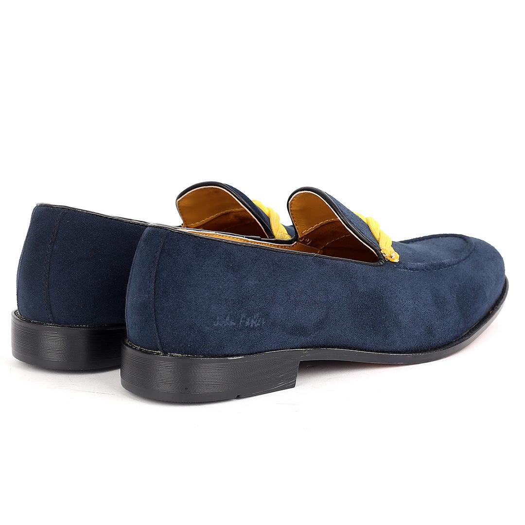 John Foster Classy Navy-Blue Suede Shoe With Yellow Twisted Rope Design - Obeezi.com