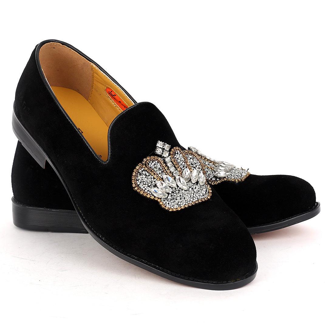 John Foster Classy Suede Leather With Stoned Royalty Crown Designed Shoe- Black - Obeezi.com