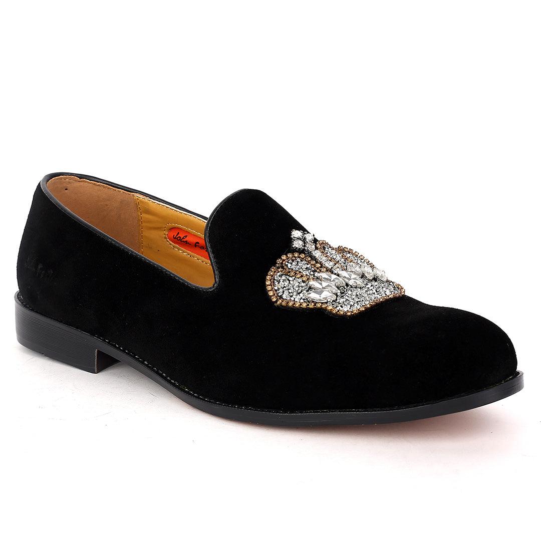 John Foster Classy Suede Leather With Stoned Royalty Crown Designed Shoe- Black - Obeezi.com