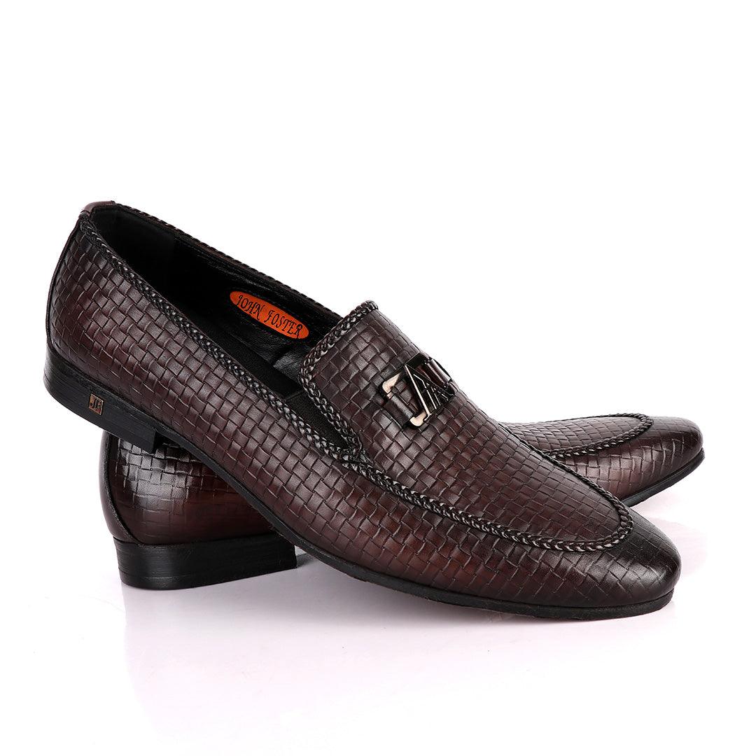 John Foster Coffee Basket Pattern Crested Leather Shoe - Obeezi