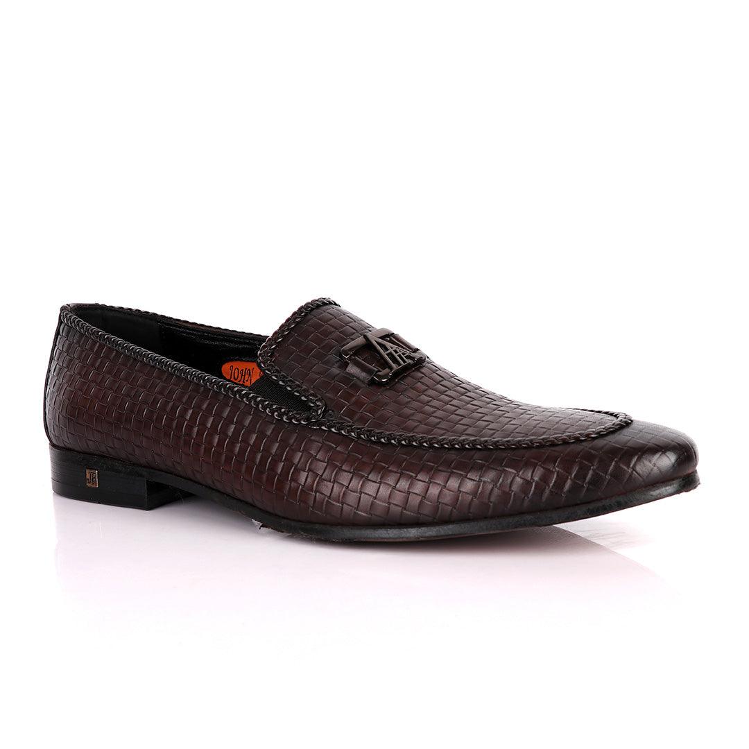 John Foster Coffee Basket Pattern Crested Leather Shoe - Obeezi