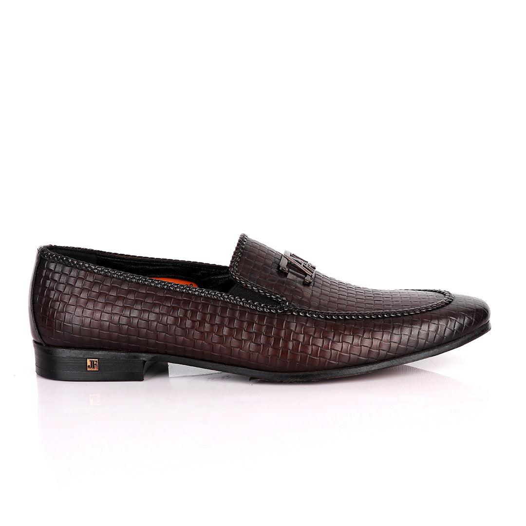 John Foster Coffee Basket Pattern Crested Leather Shoe - Obeezi
