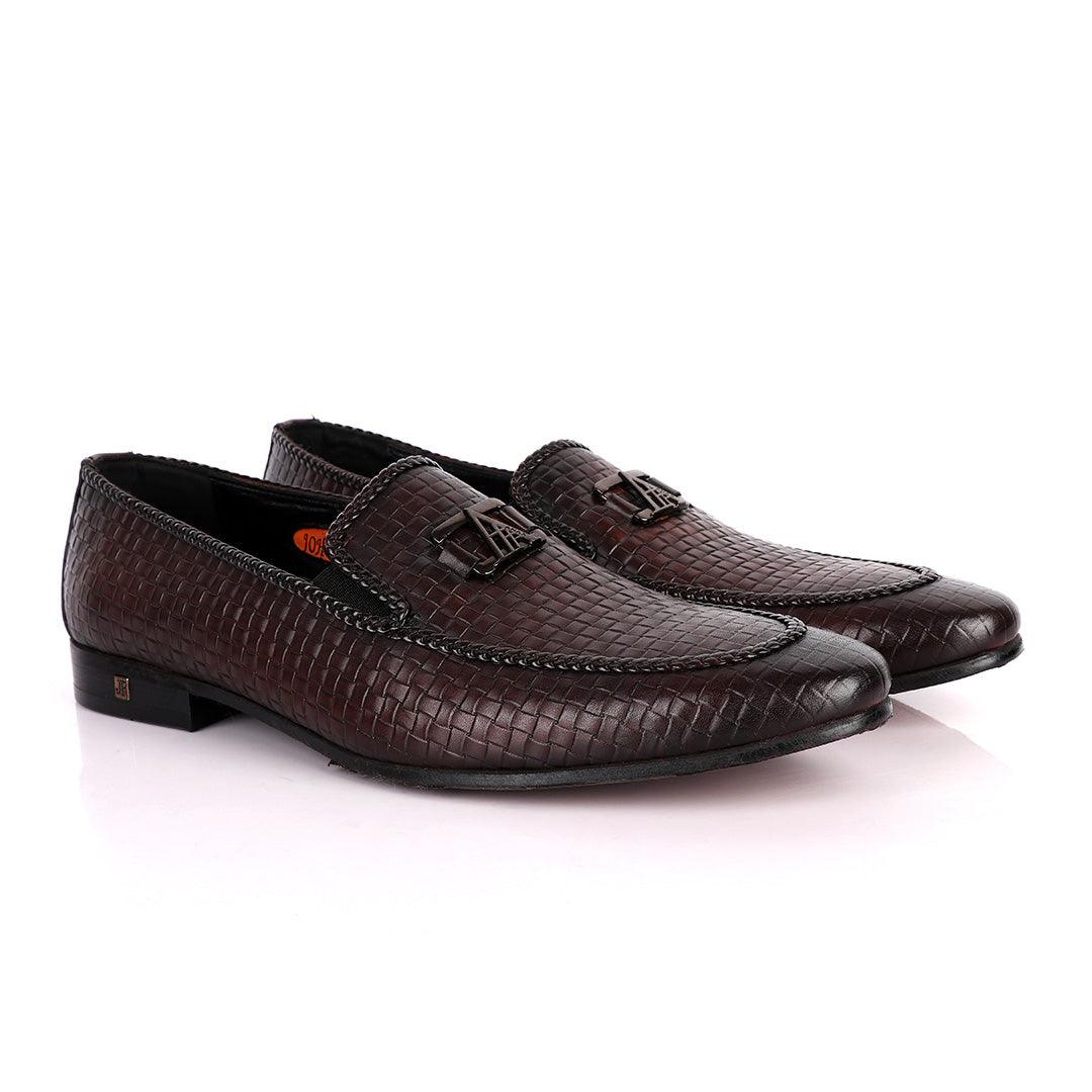 John Foster Coffee Basket Pattern Crested Leather Shoe - Obeezi