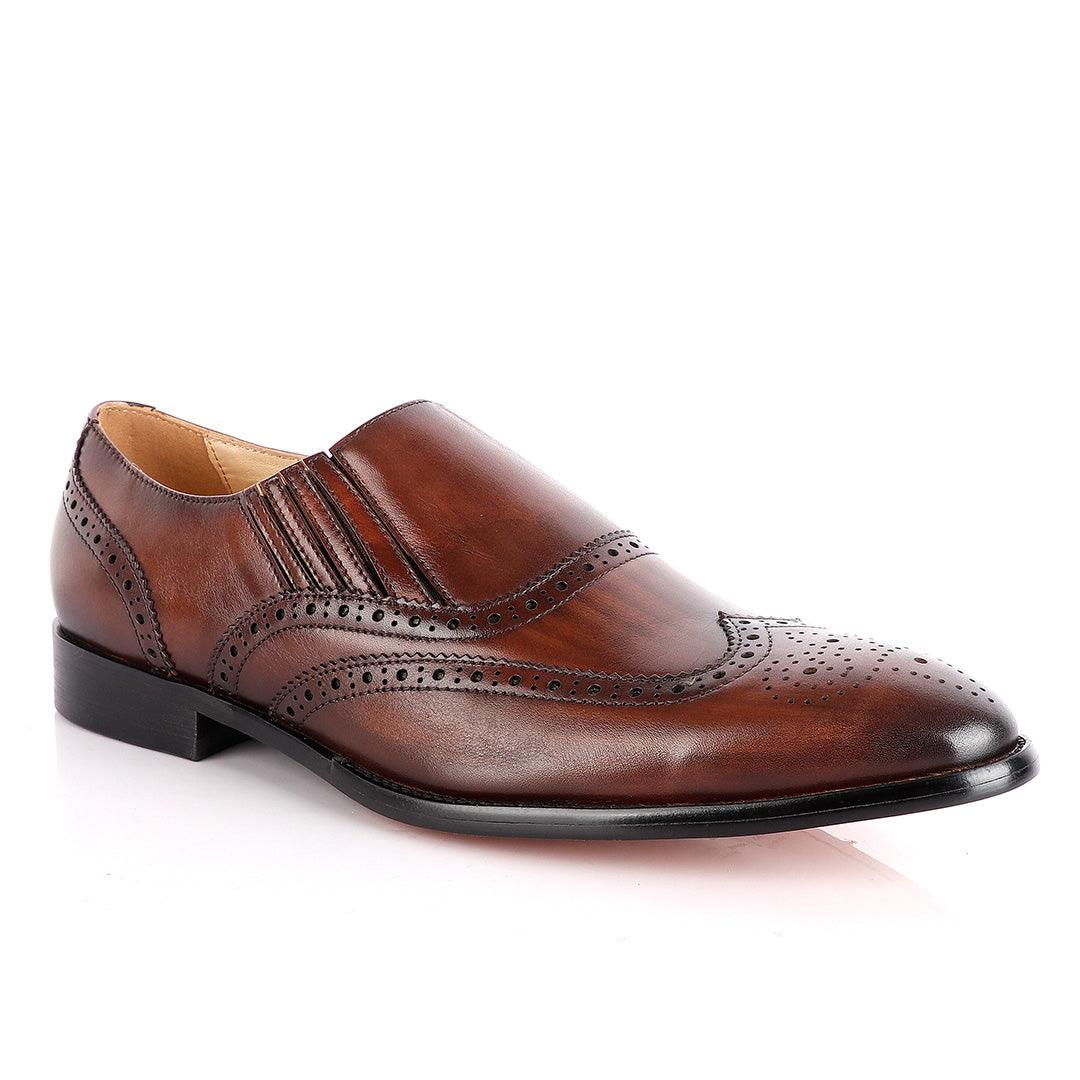John Foster Coffee Slip On Brogue Shoe - Obeezi