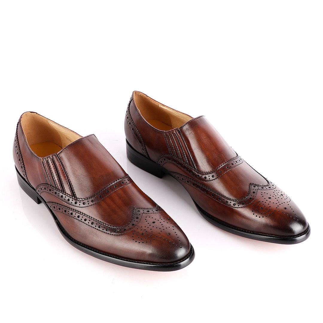 John Foster Coffee Slip On Brogue Shoe - Obeezi