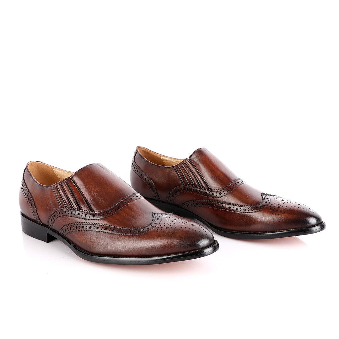 John Foster Coffee Slip On Brogue Shoe - Obeezi