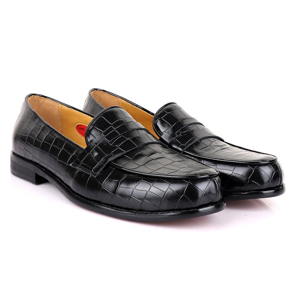 John Foster Croc Block Black Leather Shoe - Obeezi