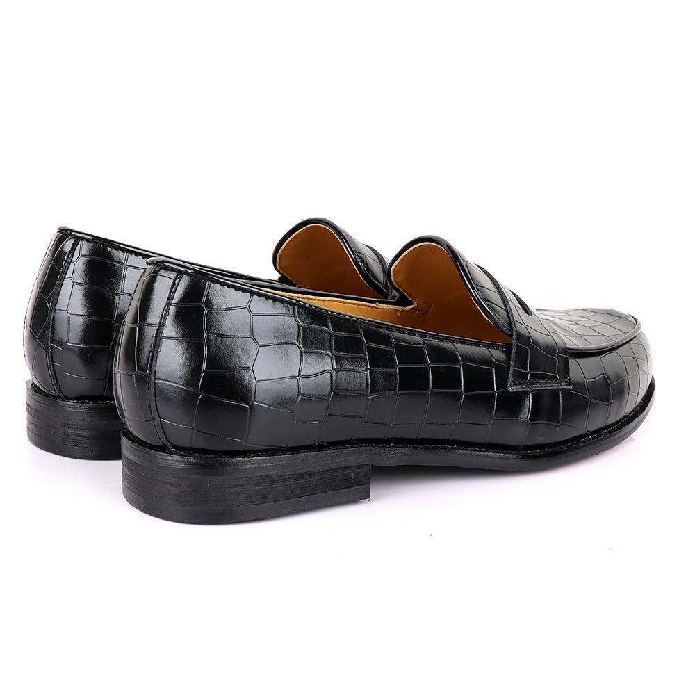 John Foster Croc Block Black Leather Shoe - Obeezi