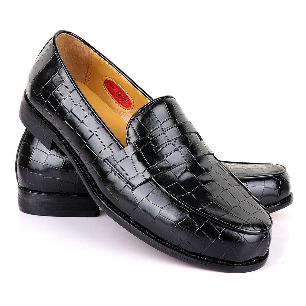 John Foster Croc Block Black Leather Shoe - Obeezi