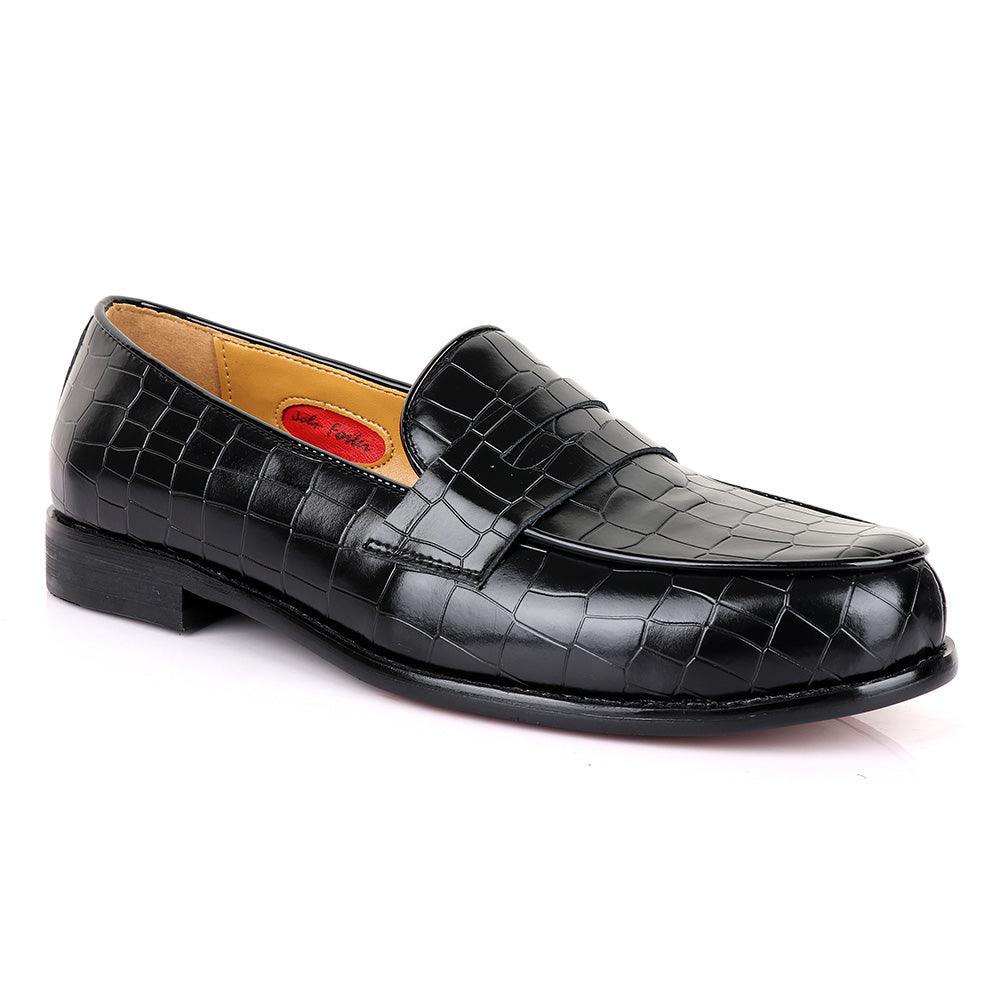 John Foster Croc Block Black Leather Shoe - Obeezi