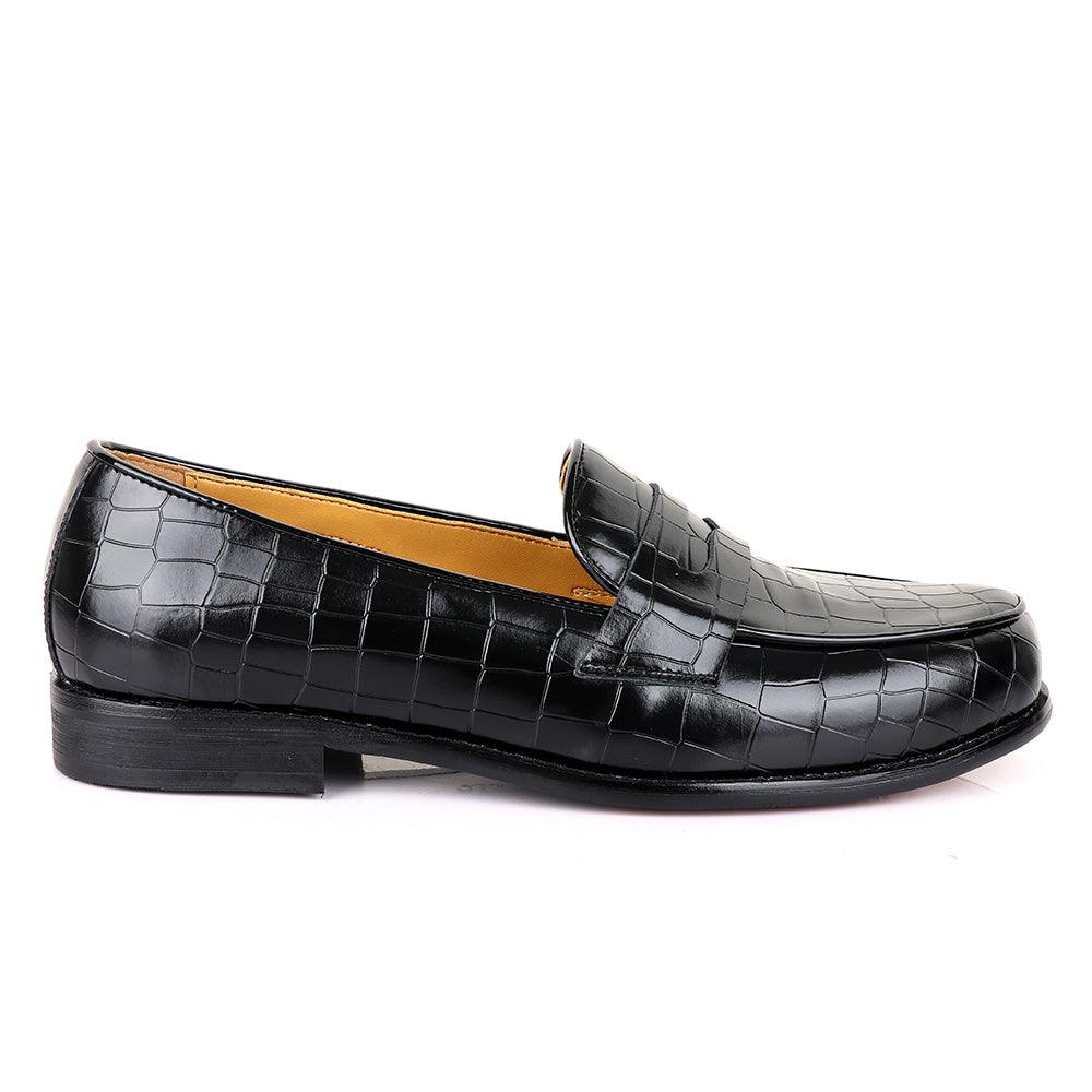 John Foster Croc Block Black Leather Shoe - Obeezi