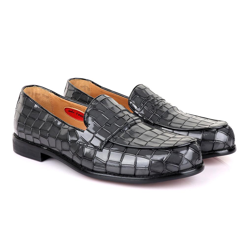 John Foster Croc Glossy Grey Leather Shoe - Obeezi