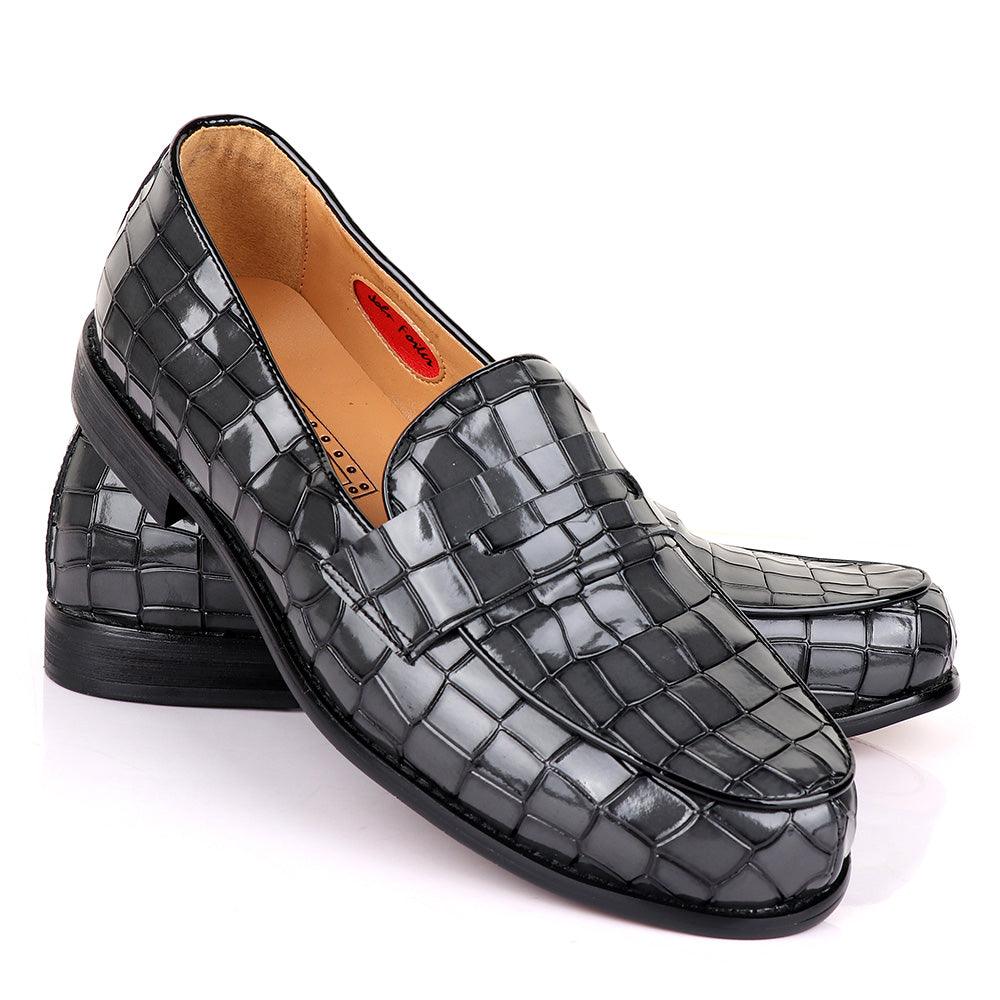 John Foster Croc Glossy Grey Leather Shoe - Obeezi