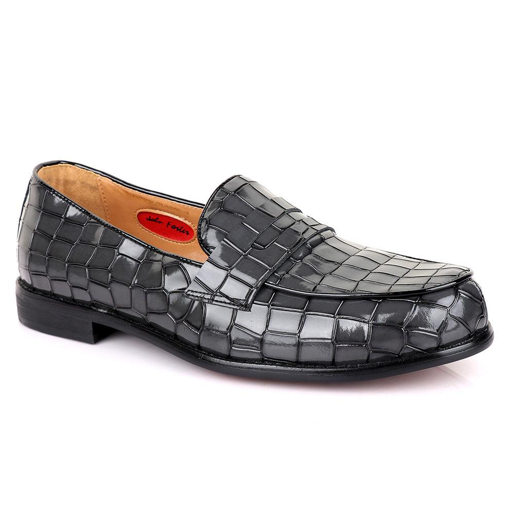 John Foster Croc Glossy Grey Leather Shoe - Obeezi