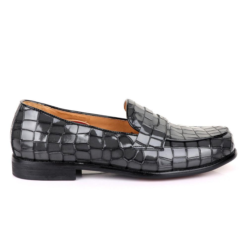 John Foster Croc Glossy Grey Leather Shoe - Obeezi