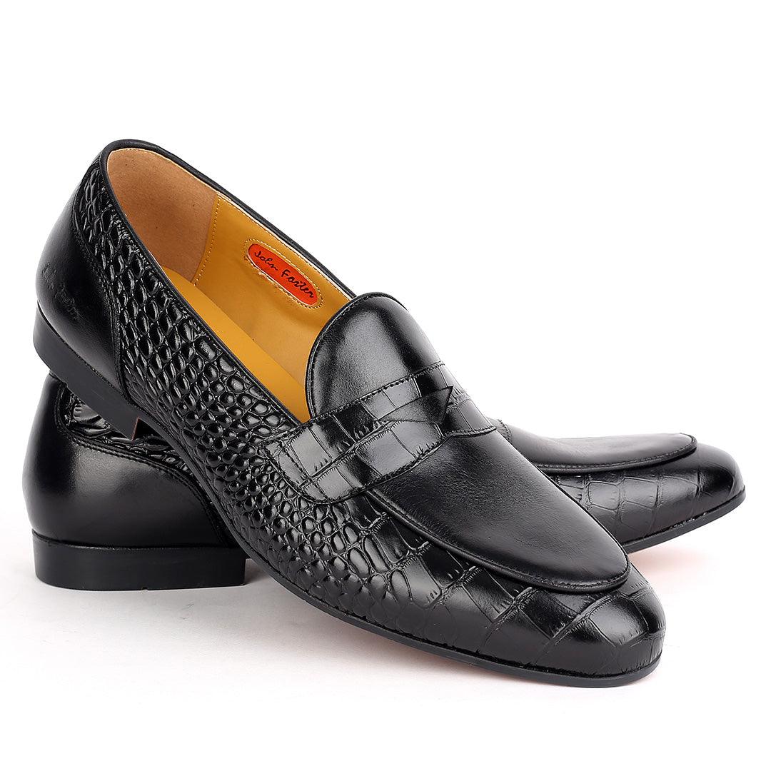 John Foster Croc Skin Single Belt Designed Men's Shoe -Black - Obeezi.com