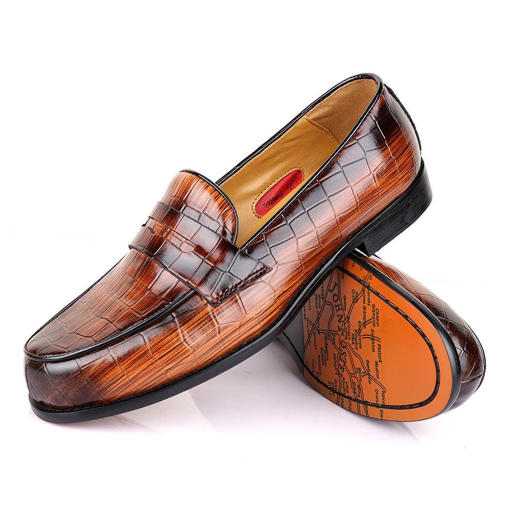 John Foster Croc Wooden Brown Leather Shoe - Obeezi