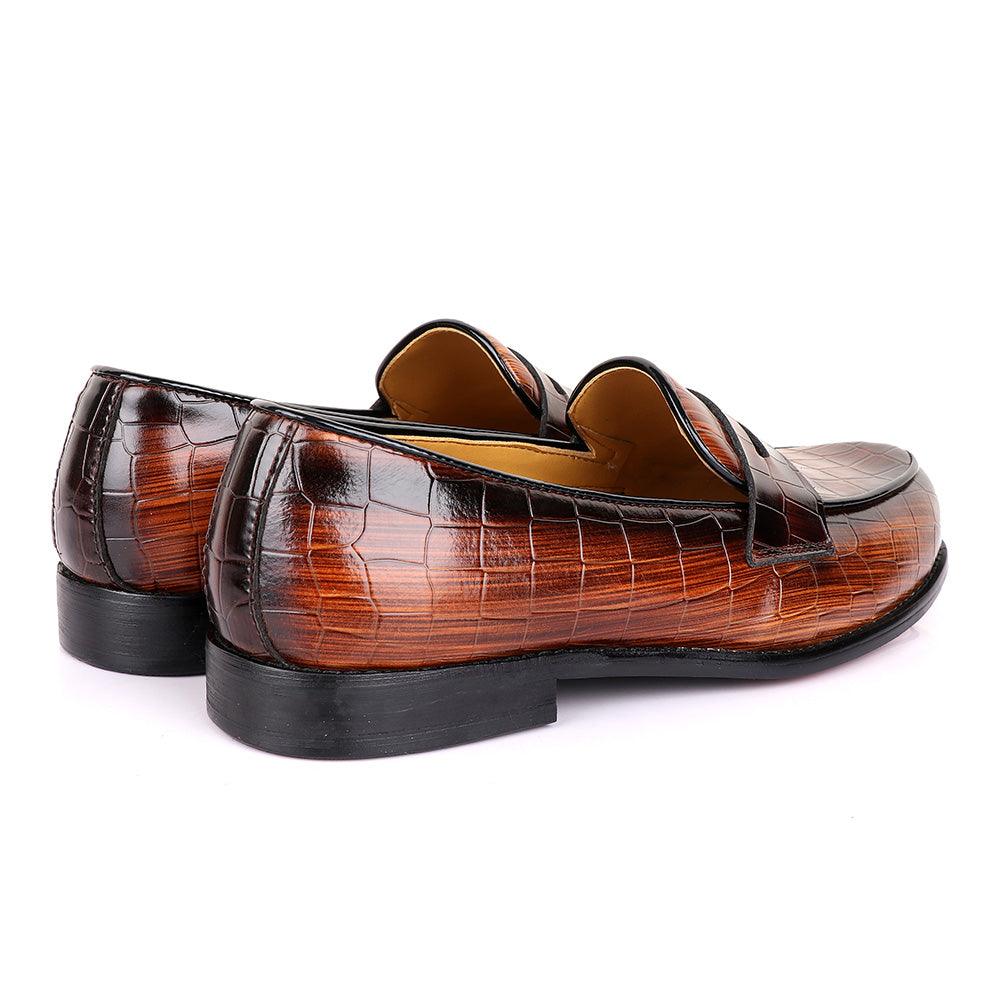 John Foster Croc Wooden Brown Leather Shoe - Obeezi