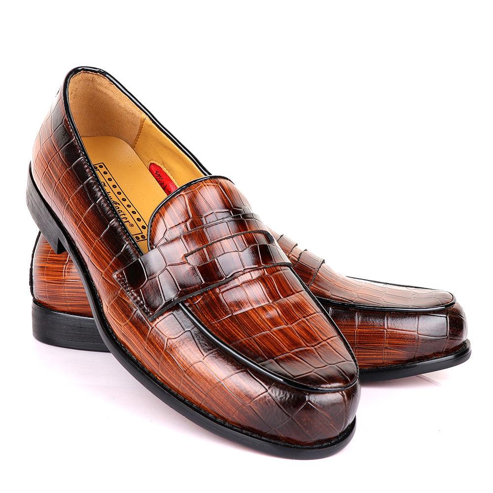 John Foster Croc Wooden Brown Leather Shoe - Obeezi