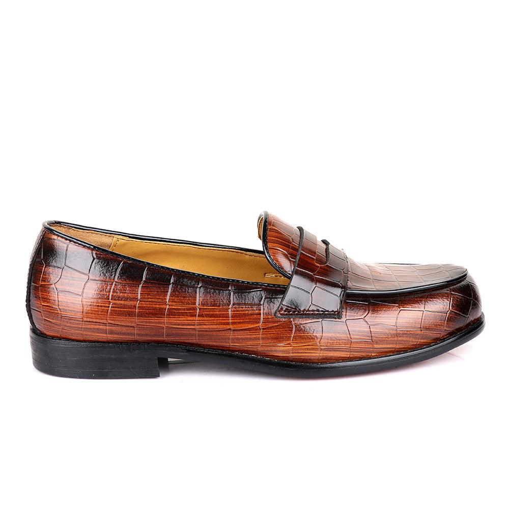 John Foster Croc Wooden Brown Leather Shoe - Obeezi