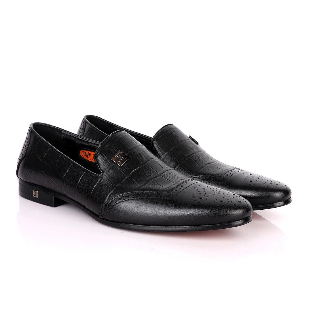 John Foster Crocodile Design Leather With Side Logo-Black - Obeezi