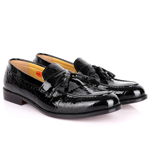 John Foster Crocodile Design Wetlips Leather Fringe And Tassel Shoe-Black - Obeezi.com