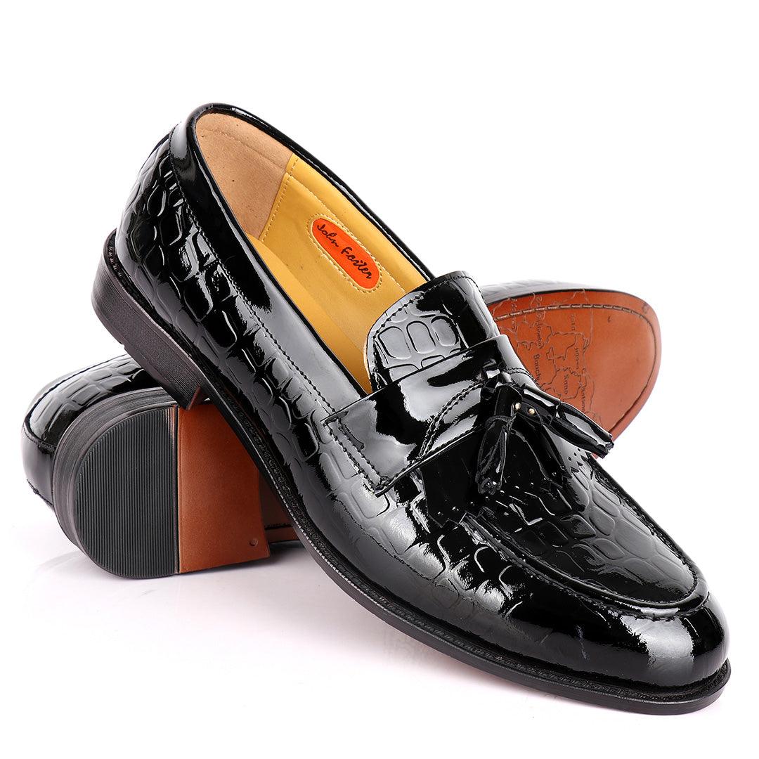 John Foster Crocodile Design Wetlips Leather Fringe And Tassel Shoe-Black - Obeezi.com