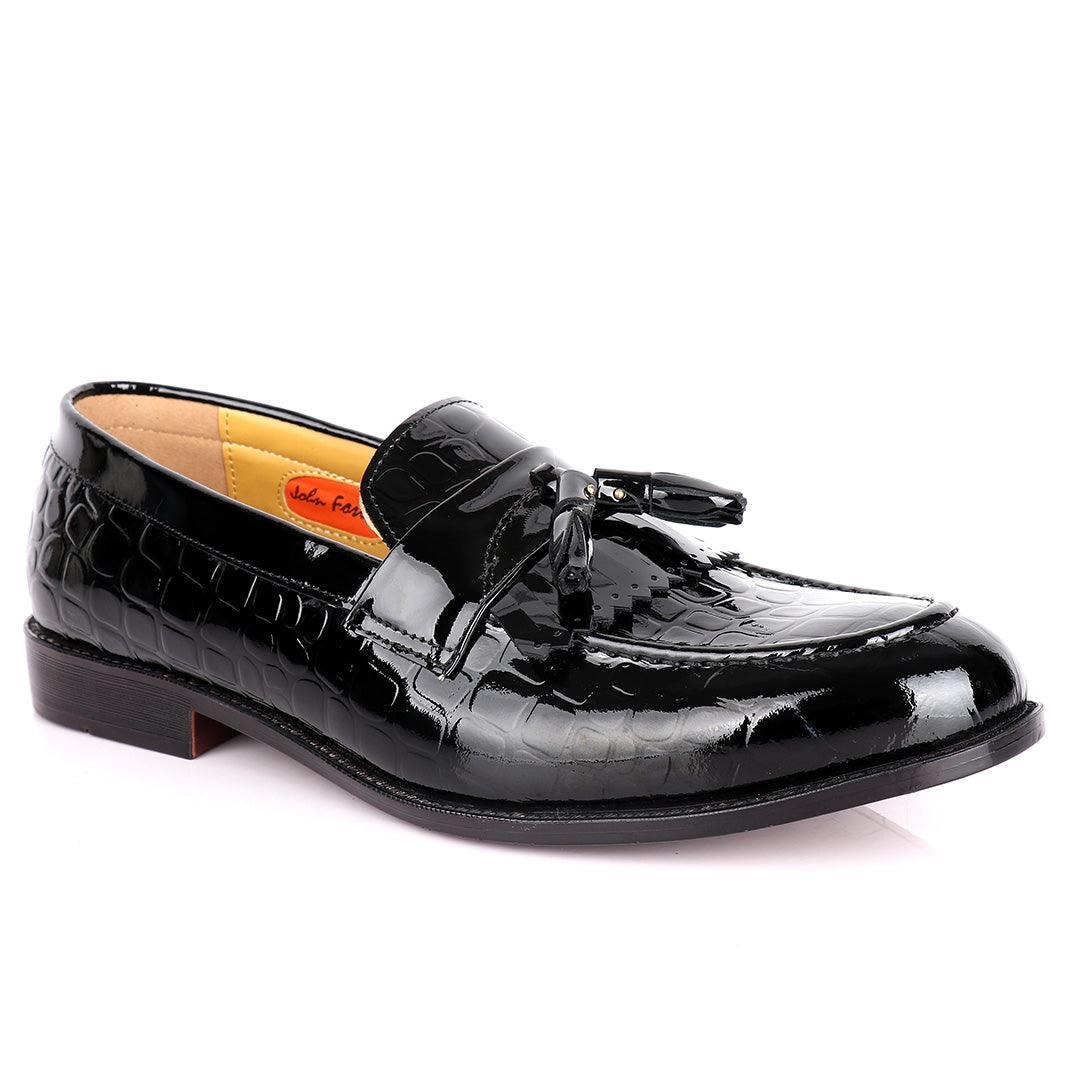 John Foster Crocodile Design Wetlips Leather Fringe And Tassel Shoe-Black - Obeezi.com