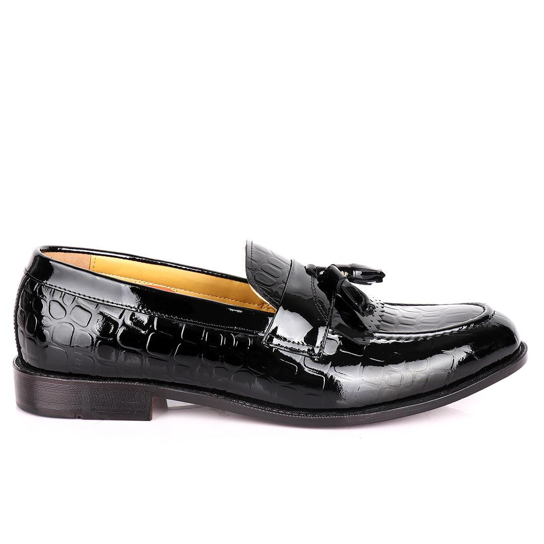 John Foster Crocodile Design Wetlips Leather Fringe And Tassel Shoe-Black - Obeezi.com